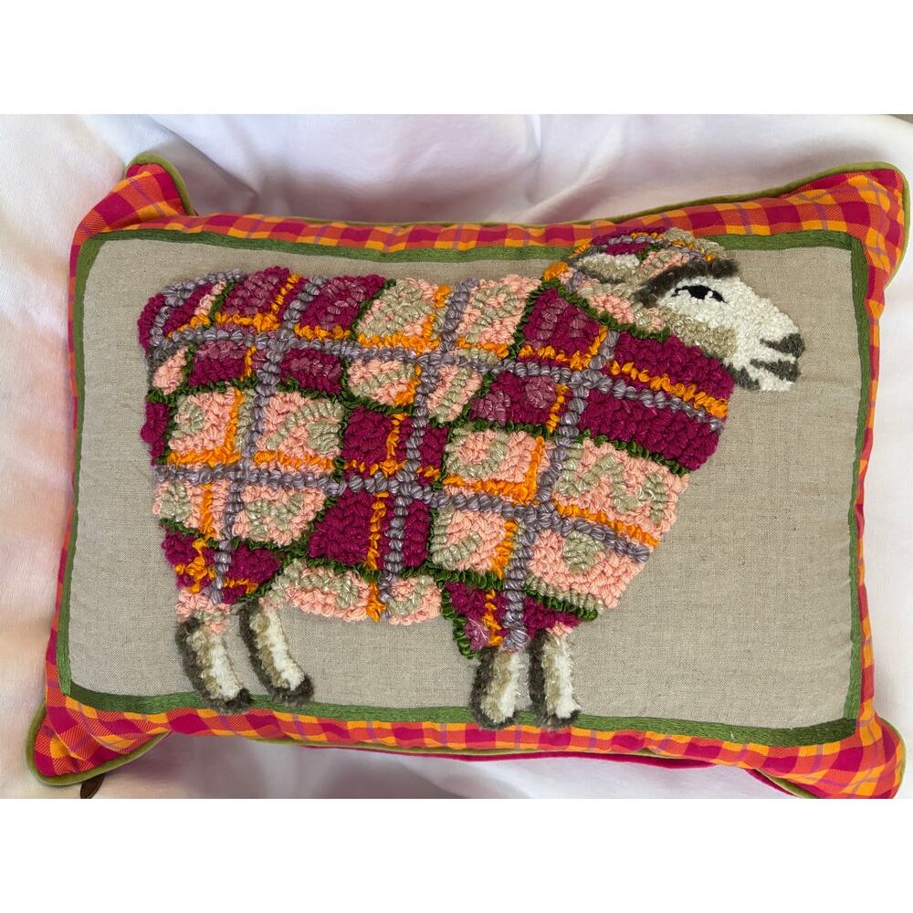 MacKenzie-Childs Tartan Sheep Lumbar Throw Pillow 21.5"x15" Plaid Wool Applique - Picture 2 of 5